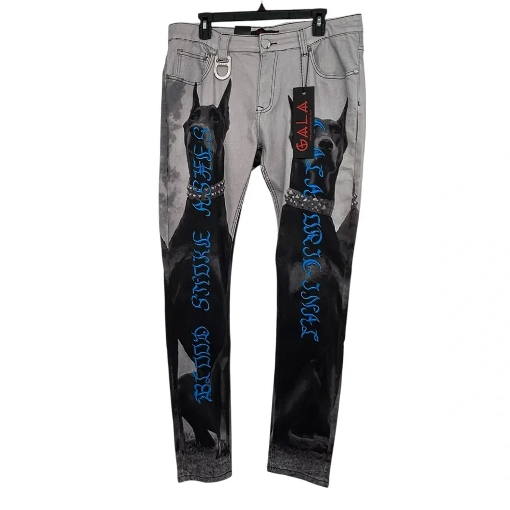 Gala Jeans NWT $180 Doberman Dog Graphic Gothic Blue Script Streetwear Sz W36 - Picture 2 of 16